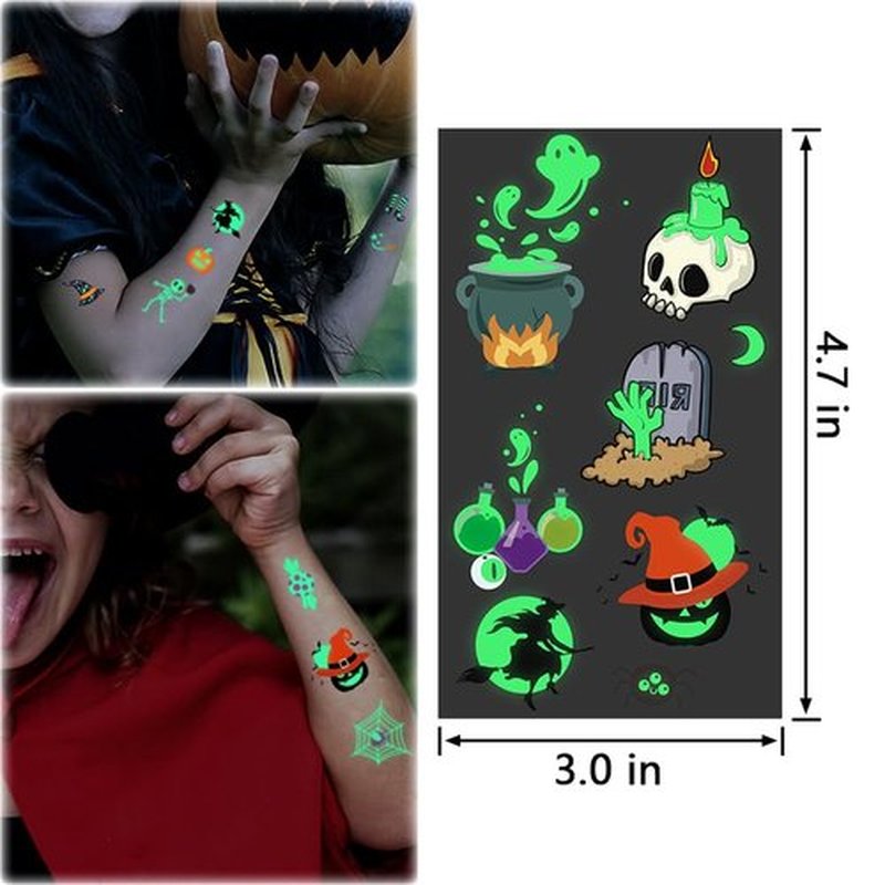 JCFIRE Halloween Temporary Tattoos for Kids, Glow in Dark Tattoos Stickers with Pumpkin Skull Ghost Monster for Halloween Party Favors Decorations, Party Games for Kids