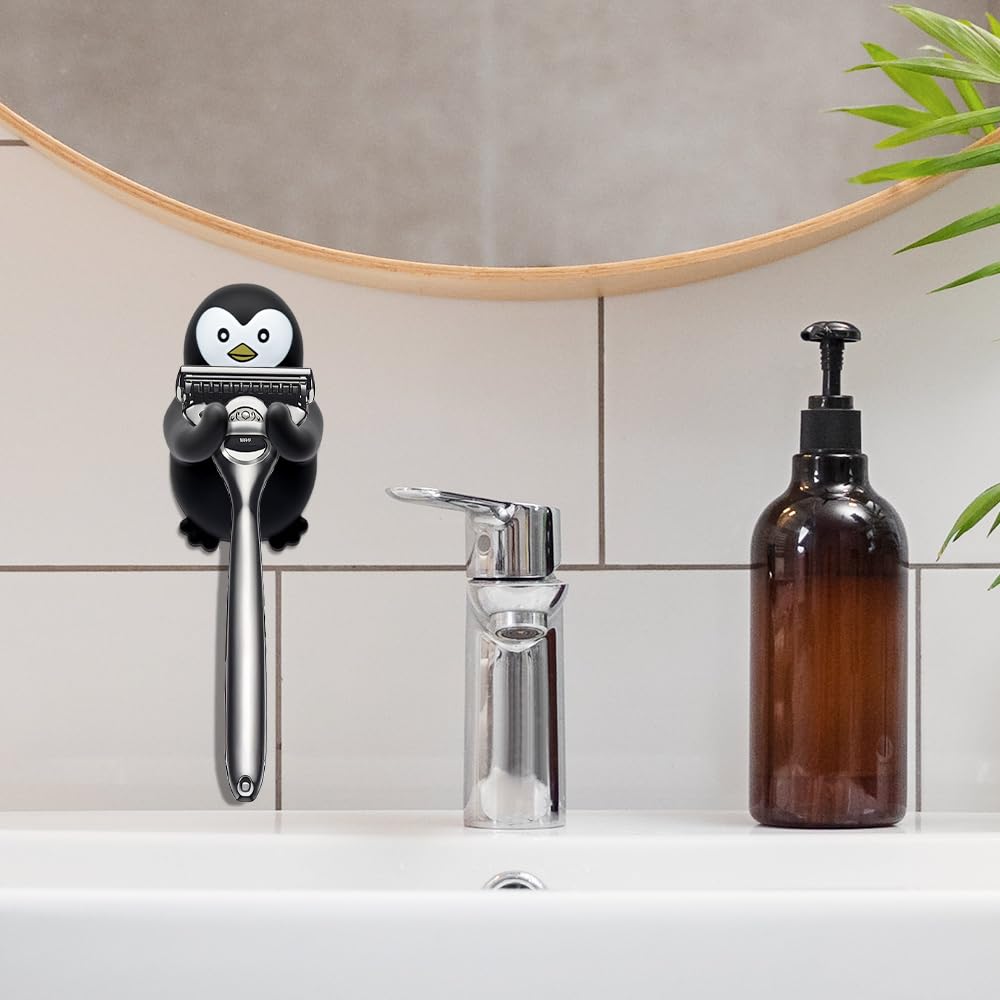 Pishovi Penguin Holder Shaver Organizer, Cute Penguin Animal Bathroom Decor Razor Holder Wall Mount, Birthday Gifts for Men Women Boyfriend Girlfriend, Emotiona Gifts for Wife Husband Penguin Lover