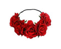 Lofruiin Women's Hawaiian Rose Flower Stretch Headband Artificial Flower Hairband Floral Crown Headpiece (Dark Red, Free)