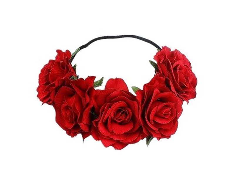Lofruiin Women's Hawaiian Rose Flower Stretch Headband Artificial Flower Hairband Floral Crown Headpiece (Dark Red, Free)