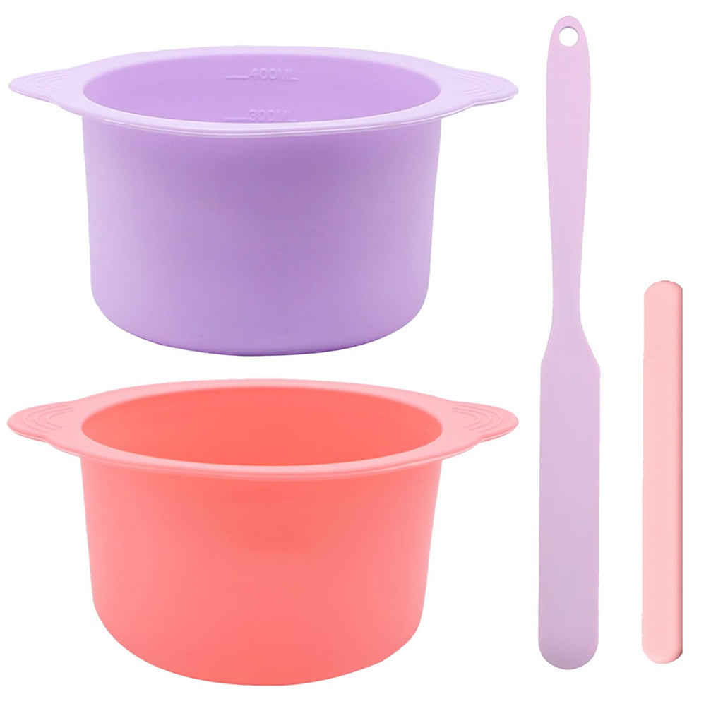 2pc Silicone Wax Warmer Liner, Silicone Wax Bowl for Wax Warmer, Non-Stick Wax Melt Warmer Wax Pot Replacement, Reusable Wax Melt Liner with 2Pcs Wax Spatula Sticks for Hair Removal (pink+purple)