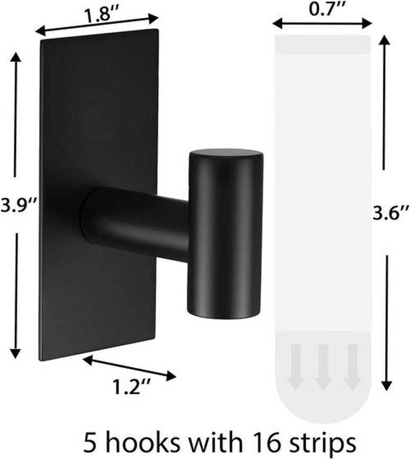 Heavy Duty Towel Hooks by [Brand Name] - 5 Pcs Adhesive Wall Hooks | Removable No-Damage Strips - X-Large Black 304 Stainless Steel