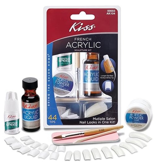 KISS French Acrylic False Nails Sculpture Kit, Natural & French Manicure, Extended Bubble-Free Nail Tips with Acrylic Liquid & Powder, Maximum Speed Nail Glue, Application Brush, & 40 Fake Nails