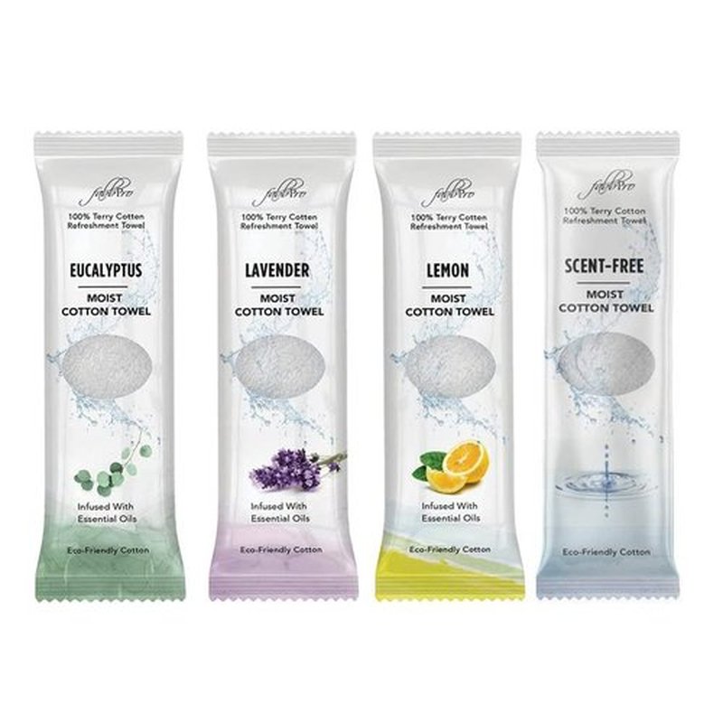 FabbPro Oshibori Moist Terry Cotton Refreshment Towels (100 Pack,8x8 Inches)-White Scented Pre-moistened Essential Oil Infused Towel to Use Hot or Cold – Unscented, Lavender, Lemon & Eucalyptus Scents