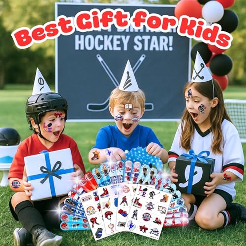 72-Piece Ice Hockey Party Favors Set Temporary Tattoos (48PCS) and Slap Bracelets (24PCS) - Perfect for Themed Birthday Parties, Baby Showers, Classroom Rewards, and Gifts for Kids