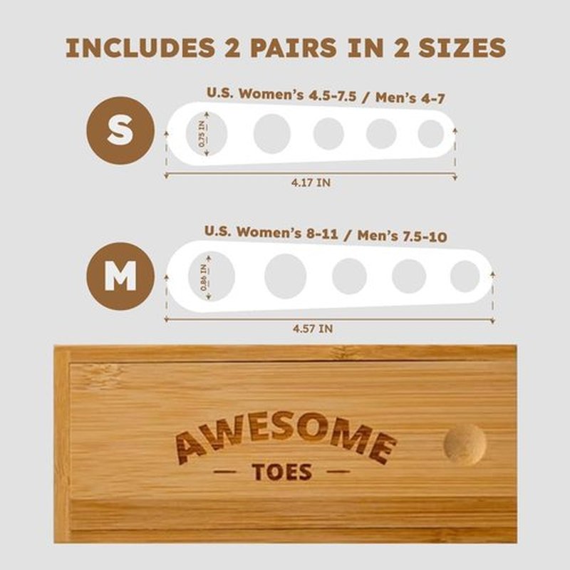 Awesome Toes Spacers & Separators, Fast Pain Relief from Hammertoe & Bunions, Two Pairs in Stylish Wooden Box, Latex-Free Rubber Toe Stretchers for Men & Women