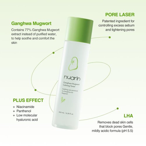 NUARIN Ganghwa Mugwart Calming Toner 200ml / 6.76 fl.oz | 77% Ganghwa-Origin Mugwort Extract | LHA Exfoliating Daily Toner for Pore & Sebum Care | Vegan | Korean Skincare