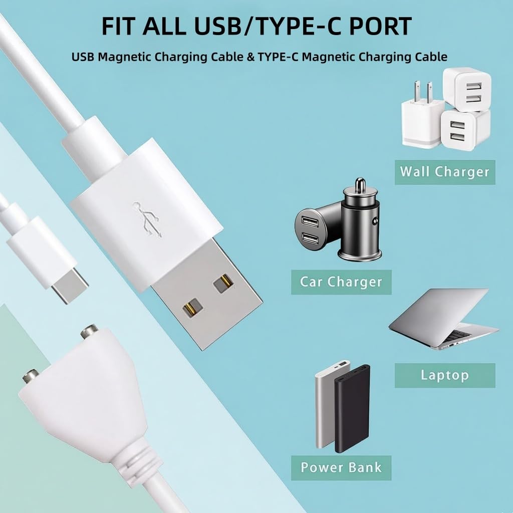 Rlissfiose 2Pack 6mm Magnetic Replacement Charger Cable with 2 Dots, 2.65ft(80cm) USB-A & USB-C Charging Port Set to Magnetic Cord for Rose Charger Toys,Massagers, Cleansers Electronics (6MM)