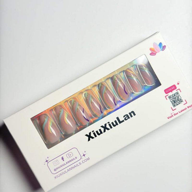 XIUXIULAN Press on Nails, rainbow ripple Pink Almond False Nails, 12 Size Glossy Soft Gel 24 Pcs