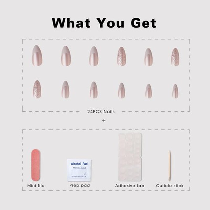 MqpQ Press On Nails Medium - Almond Nails Kit with 3D Sculpting, Chrome Stick On Nails French Tips,Pearl Soft Gel Fake Nails Kit for Women- 24pcs, Pearlescent