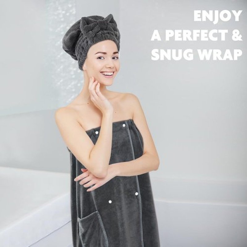 SUNLAND Women Hair Drying Towel and Microfiber Bath Towel Wrap,Adjustable Soft Body Wraps Dress with Hair Towels, Super Absorbent to Quick Drying 32 Inch x 60 Inch Dark Grey