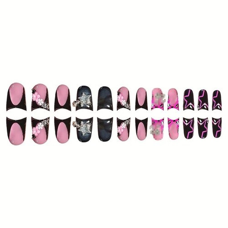 Black Press on Nails Duck Fake Nails with Star Design French Tip Nail Press ons Glossy Stick on Nails Reusable Artificial Acrylic Full Cover Short Nail press ons for Women Manicure 24Pcs