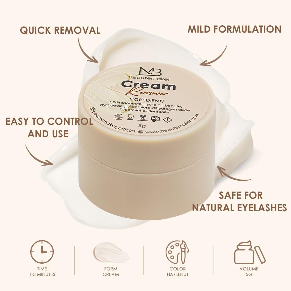 Beeutemaker Cream Lash Remover for Lash Extensions, Beige Color Lash Extension Remover, Low Irritation Cream for Sensitive Skin, Professional eyelash Remover for extensions Salon(Lash Remover,5g)