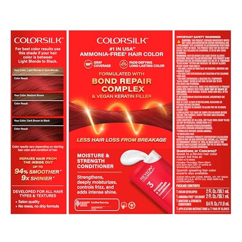 Revlon ColorSilk with Bond Repair Complex, Red Permanent Hair Color, 100% Gray Coverage, Ammonia Free Hair Dye, Vegan Keratin, 66 Cherry Red (Pack of 3)