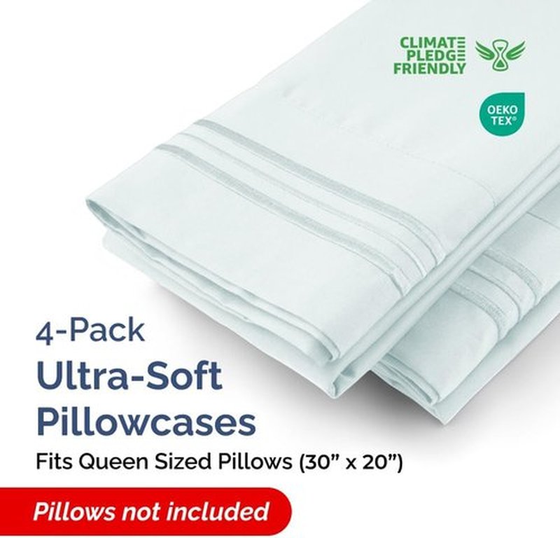 Queen Pillow Cases Set of 4 | Ultra Soft Hotel Quality Covers - Wrinkle Free & Fade Resistant - Ice Blue