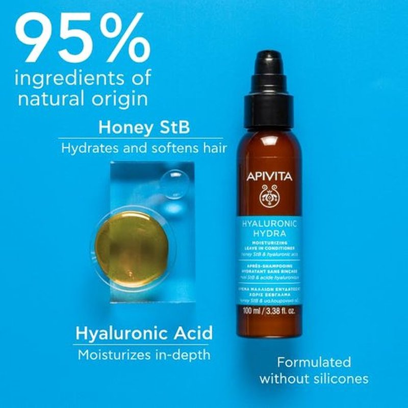 Apivita Hydration Leave-In Conditioner - Lightweight Moisturizing with Hyaluronic Acid & Aloe, Reduces Frizz, 100 mL / 3.38 oz