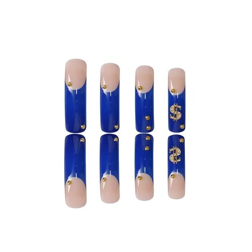 Rchovsam xl Long Press on Nails Square French Tip Fake Nail 3D Godlen Designs False Nails Press Ons French Blue Stick on Nails Full Cover Artificial Nail Gift for Women 24pcs