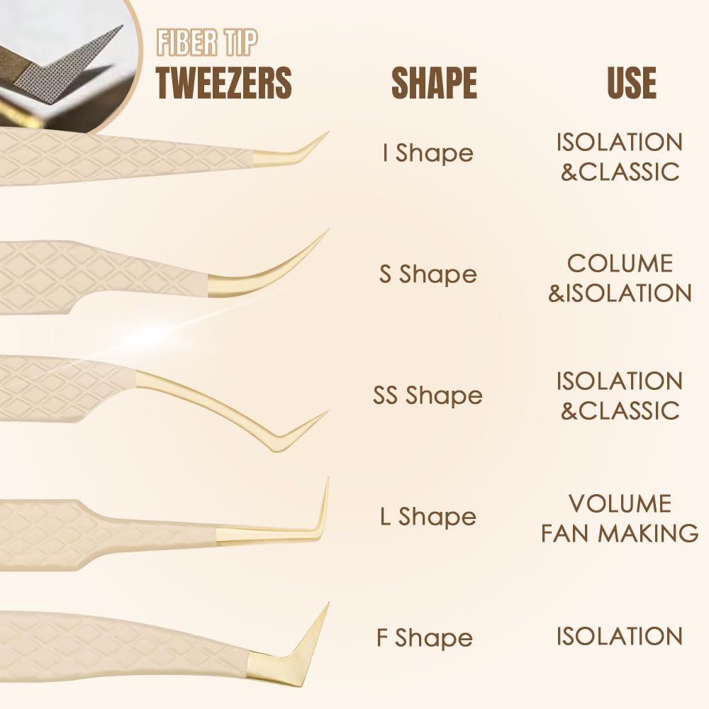 Beeutemaker Beige Fiber Tip Lash Tweezers for Eyelash Extensions – L Shape 90-Degree for Volume Fan Making, Professional Precision Lash Extension Tweezers