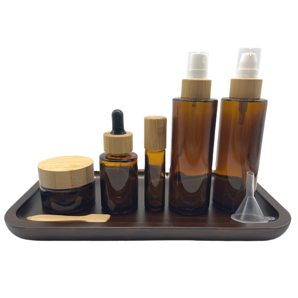 BEECO GIF2U Empty Refillable Brown Glass Cosmetic Containers with Bamboo Cover - 5 Pack, Spray Bottle, Lotion Pump, Dropper, Roller Bottle, Cream Jar - Tray Included