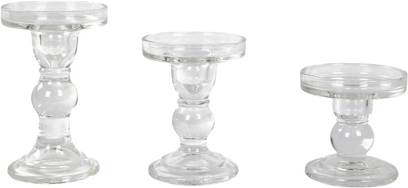 Efavormart Glass Pillar Candle Holders Set - Premium Clear Design with Round Tray | 3.5", 4.5", 5.5" Sizes