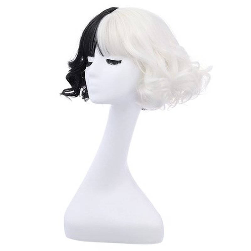 MAGQOO Half Black White Wig with Bangs Women Girls Short Curly Wavy Black and White Hair Wigs Wig Cap Included (12 Inches, Half Black White)