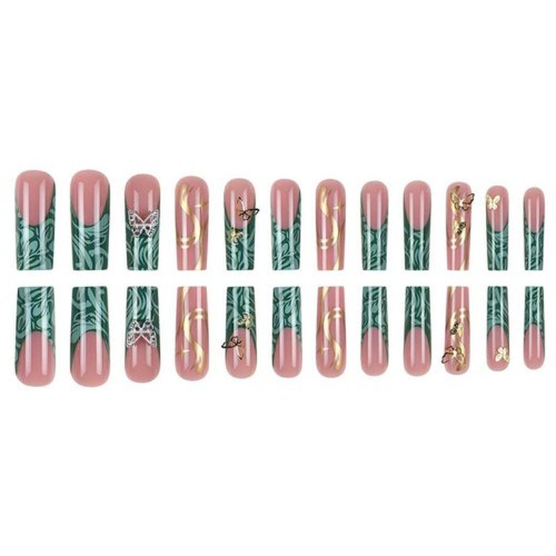 Foccna Press on Nails Long Rhinestone Green Fake Nails French Nails Square Bling Glossy 3D Butterfly False Nail Tips Artificial Nails Finger Manicure for Women and Girls 24pcs