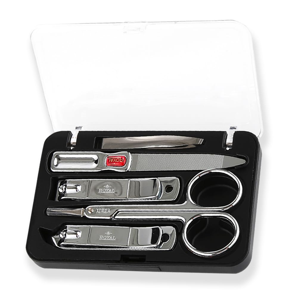 [Made in Korea] ROYAL 5 Pcs Compact Nail Clippers Set-Nail Clipper, Cuticle Remover, Nail File, Mini tweezer, Safety Scissors with Portable case Black