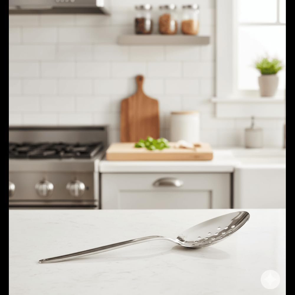 BNAZIND Chef Kunz Perforated Spoon | 9 Inch Silver 18/10 Stainless Steel Plating, Basting, Quenelle, Plating Spoon for Draining and Serving, Dishwasher Safe (Perforated)