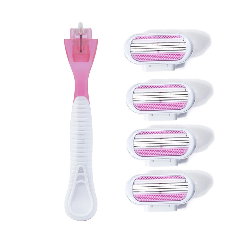 Razor for Women, 3-Layer Stainless Steel Manual Bikini Razor, Portable Shaver for Body, Facial Hair Removal Bikini Trimmer,Compatible with Various Handles(Pink, 1 Handle & 4 Replaceable Head)