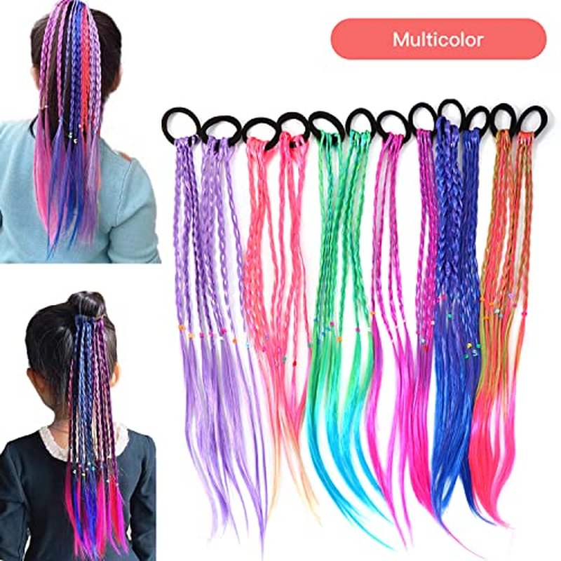 17 Inch Girls Rubber Bands Hair Extensions for Kids Crazy Hair Day Accessories Colorful Wigs Colored Braids for for Women Girls Hair with Rubber Bands Braided Synthetic Hairpieces Ponytail for 12pcs