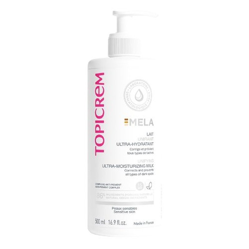 GIGATEMP Topicrem - Mela, Lait Unifiant Ultra Hydratant Corps - Hydrate 24h, Unifie le Teint, Corrige et Prévient l’Apparition des Taches Texture Onctueuse Peaux Sensibles Nouvelle Formule 500ml