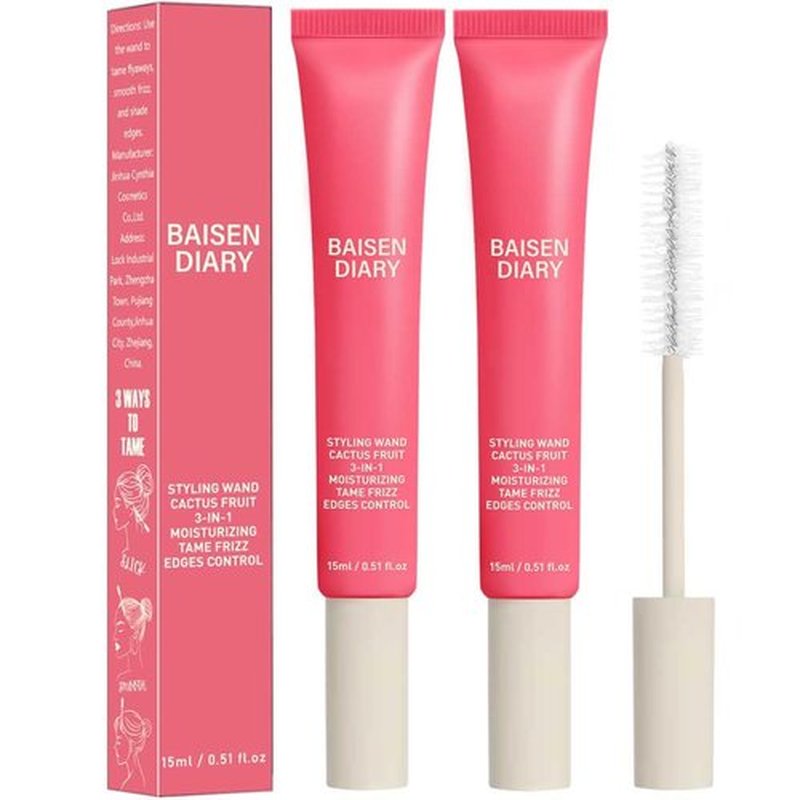 BAISEN DIARY 2 Pack Hair Cactus Fruit 3-in-1 Hair Styling Cream & Flyaway Taming Wand – Sleek Finish, Frizz Control, Edge Smoothing & Hair Shine | Natural Oils Formula | Lightweight, Non-Greasy