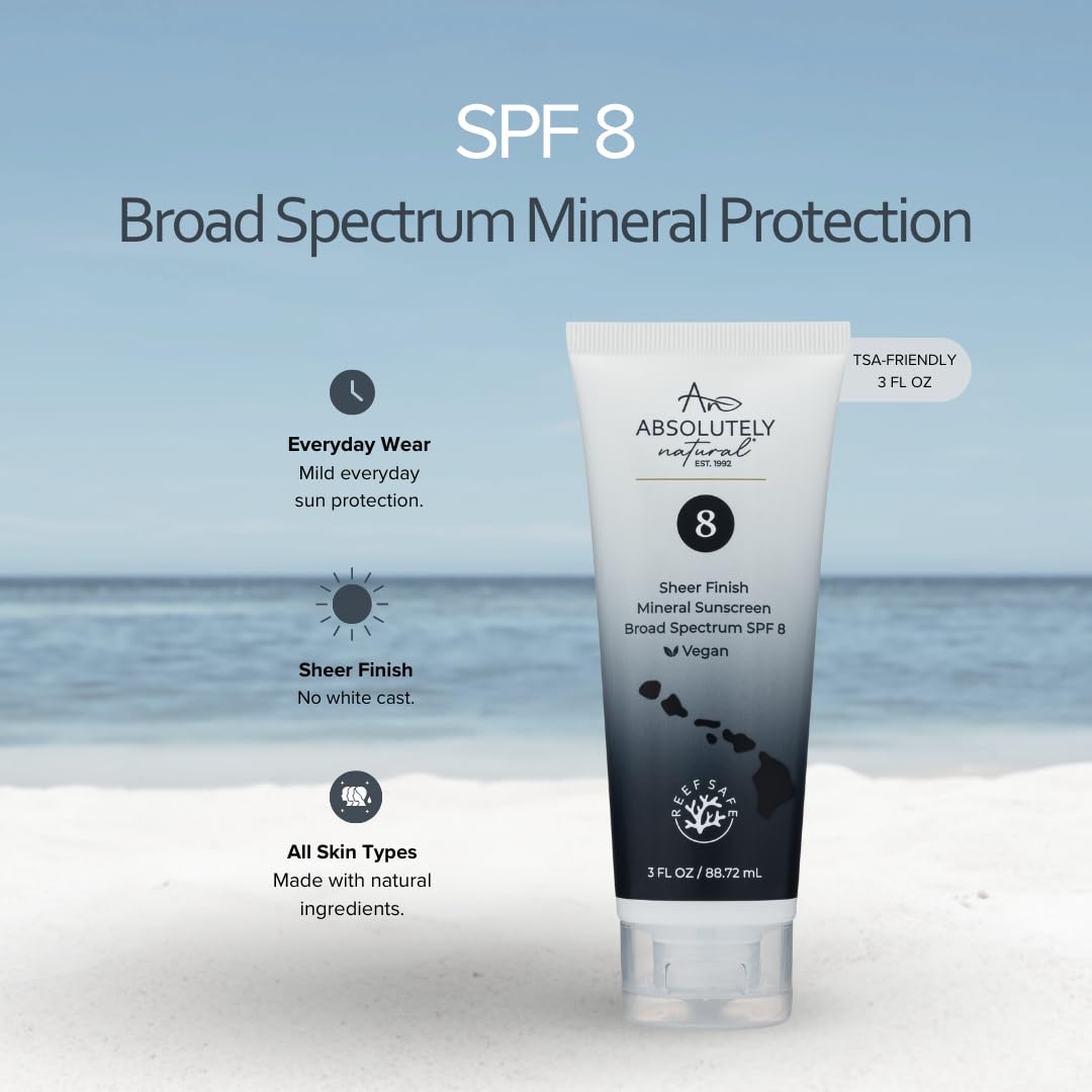Absolutely Natural - SPF 8 Mineral Sunscreen - Water Resistant Moisturzing Lotion for Body & Face - Non-Nano Zinc Oxide, Vitamin E - 3 Oz