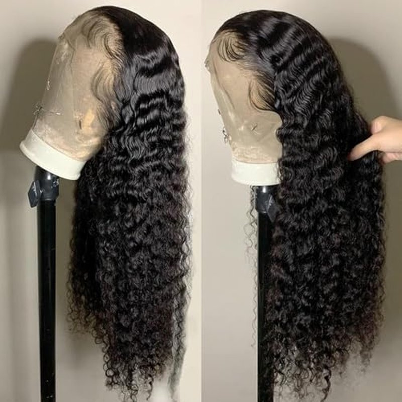 JFOOHD Deep Wave Lace Frontal Wig 13x6 Lace Front Wig Human Hair Pre Plucked Glueless Deep Wave Human Hair Wigs Curly Wigs for Women 200 Density Natural Color (24 Inch)