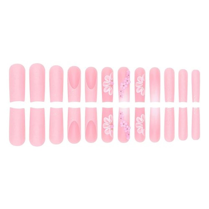 LPOODDNU French Square Fake Nails, Pink Press-on Nails, Crystal Flowers, White Flowers, Acrylic, Extra Long, Full Cover, 24PCS