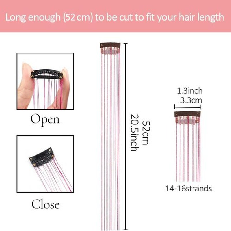 Pink Hair Tinsel 12Pcs 20.5 Inch Clip in Tinsel Hair Extensions Heat Resistant Fairy Hair Tinsel Kit Glitter Hair Extensions Accessories for Christmas Halloween Cosplay (Pink)