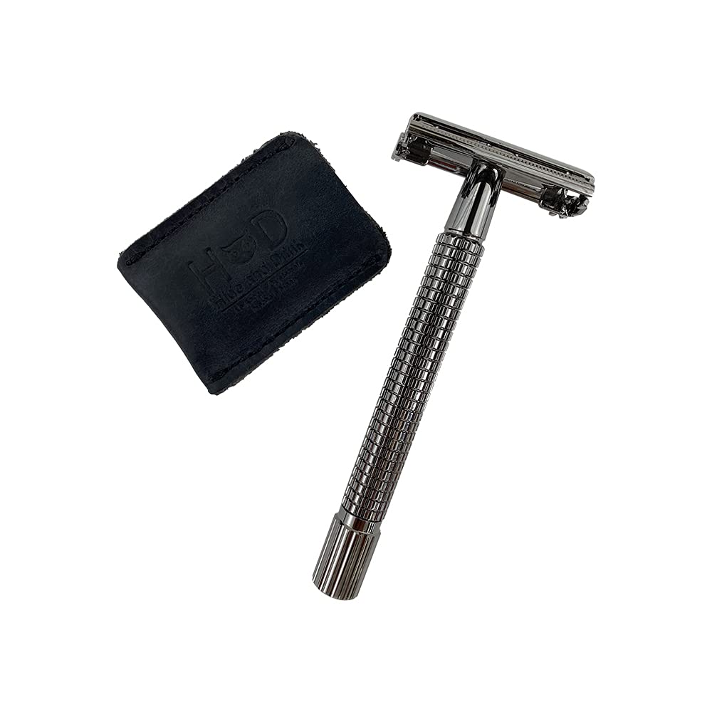 Hide & Drink, Leather Double Edge Safety Razor Head Protective Sheath, Shaving Travel Cover Handmade (Charcoal Black)