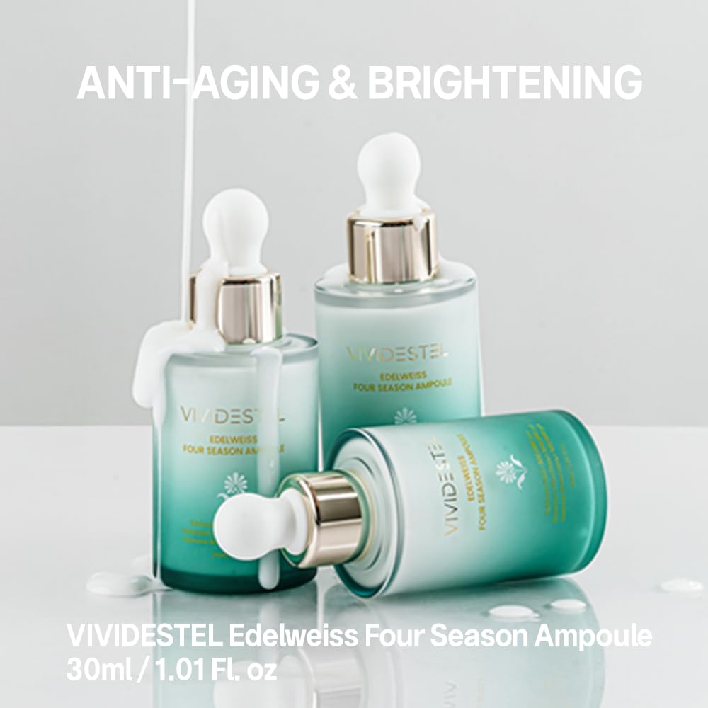 VIVIDESTEL Edelweiss Four Season Ampoule - Brightening & Anti Aging Essence Serum - Lightweight Non-Sticky Hydration Serum With Niacinamide, Peptides - Reduces Fine Line - Minimize Pores 30ml