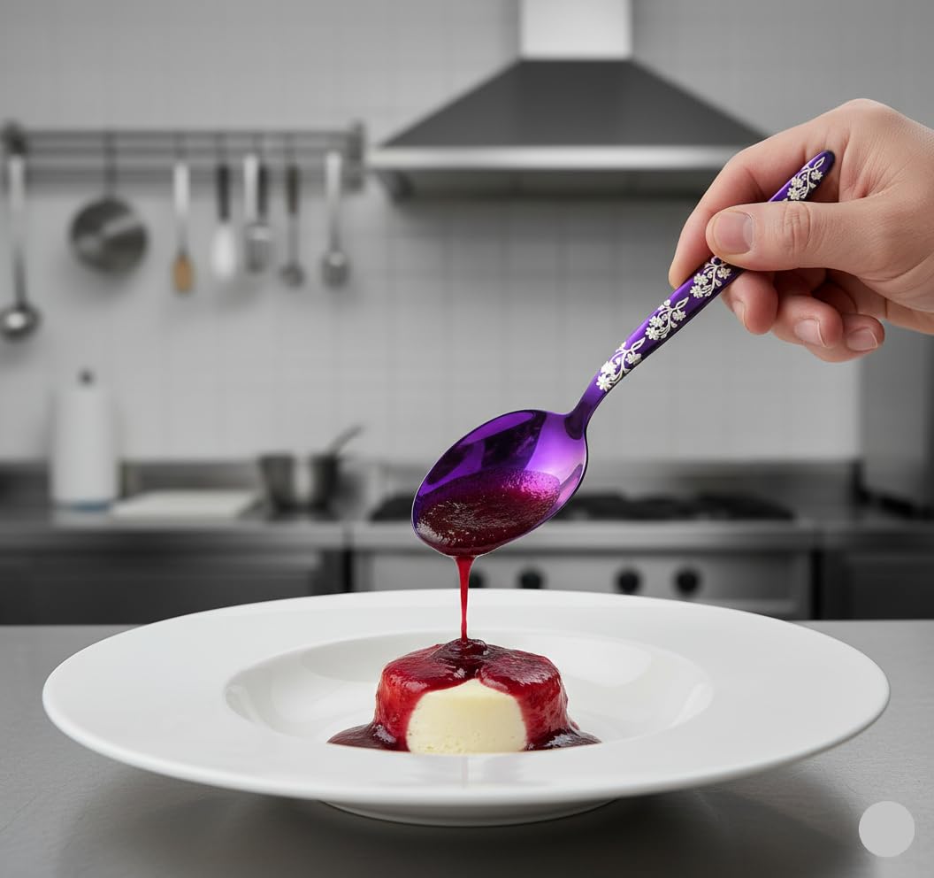 BNAZIND Chef Kunz Spoon Purple | Silverware 18/10 Stainless Steel Silver Cooking Serving Spoon | 9 Inch Saucing, Plating, Basting, Quenelle, Daily Chef Spoons | Dishwasher safe