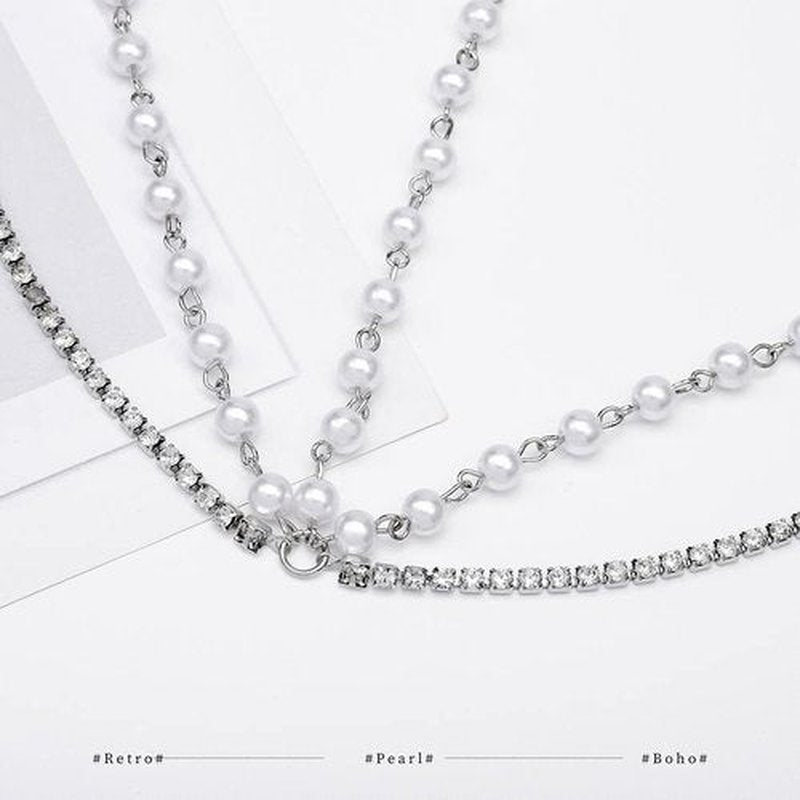Fdesigner Boho Pearl Head Chain Jewelry Crystal Headpieces Wedding Rhinestone Headband Hair Accessories for Women (Silver)