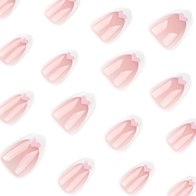 White French Tip Press on Nails Short Almond NEWSPIED Valentines Fake Nails with Pink Heart Designs French Tip False Nail Valentine Heart Nails Press ons Reusable Glossy Acrylic Nail for Women 24 Pcs