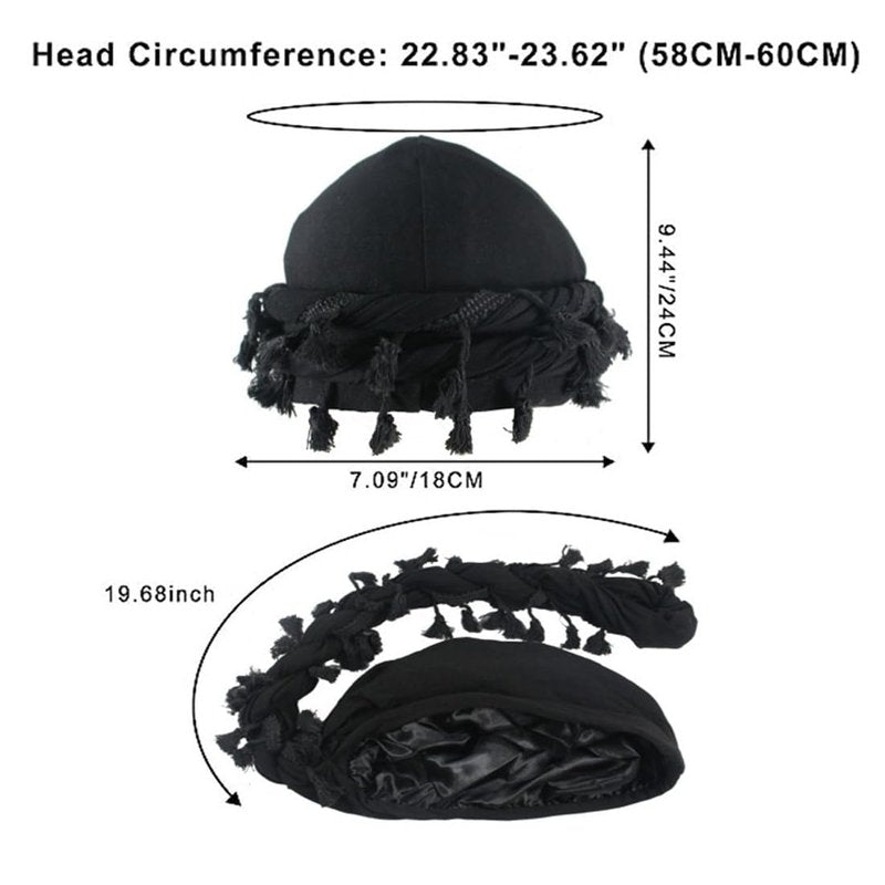 YuMENo Turban for Men Women Vintage Twist Durag Head Wraps Satin Lined Halo Turban with Tassel Waves Braids Beige