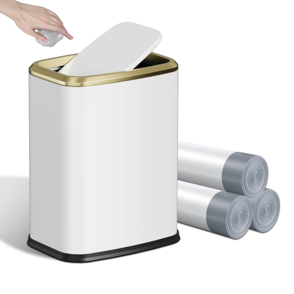 KHMMGK 8L/2.1 Gallon Small Bathroom Trash Can with Lid, Swing-Top Rectangular Waste Bin, Stainless Steel Garbage Can for Home, Office, Toilet, Bedroom, Living-Room (White)
