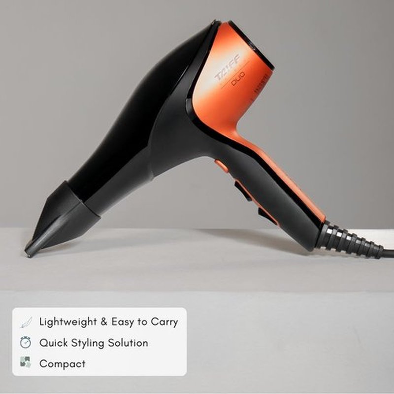 Taiff Unique Duo Professional Hair Dryer – 127V | 1875W Power | AC Motor | Tourmaline + Ionic & Ceramic Technology | Titanium Elements | 2 Concentrator Nozzles (Orange)