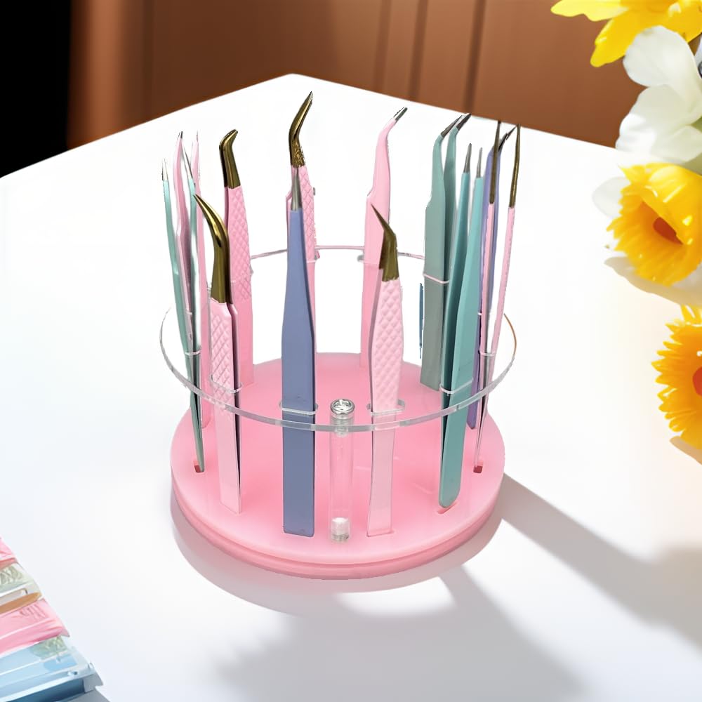 12 Holes Rotatable Acrylic Tweezers Holder, Grafting Eyelash Makeup Tweezer Stand Display Extensions Organizer Individual Training Tools (Pink)
