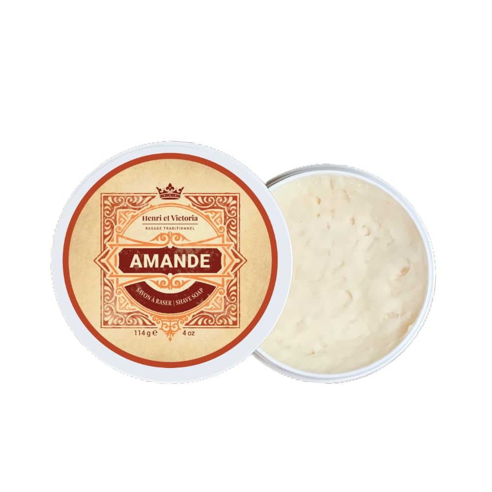 Henri et Victoria Traditional Shaving Soap For Men | Amande Fragrance | Smooth Shave, Lathers Up Nicely, Long-Lasting Scent | Canadian Made by Skilled Artisan 114 g (4 oz)