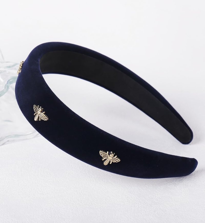 YARN & INK Women's Honeybee Cute Velvet Headbands, Fashion Padded Hair Accessories Vintage Headband Christmas Gift for Women Girls (Dark Blue Bee)
