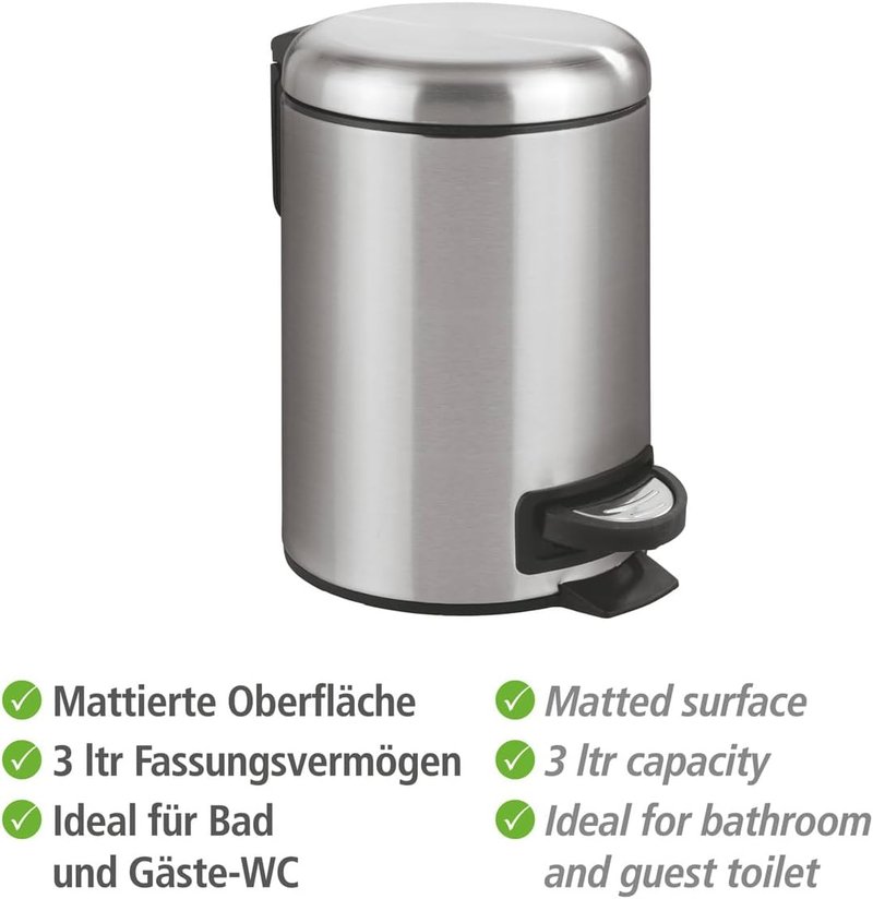 WENKO Stainless Steel Small Trash Can - Pedal-Operated Bathroom Bin with Removable Inner Bucket | 0.79 Gal, Silver