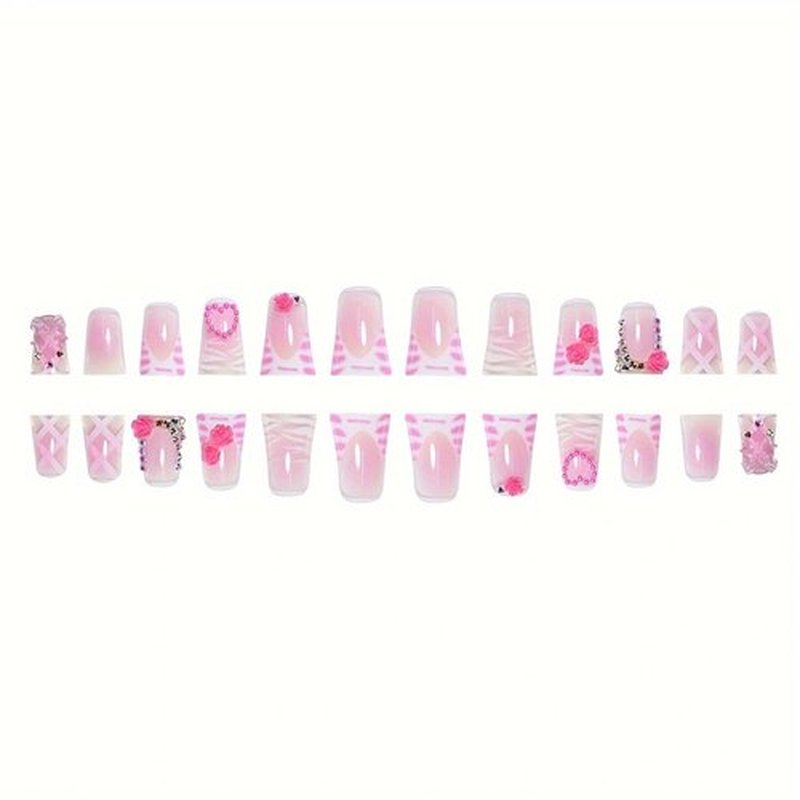 24 Pcs Press On Nails Short Square,YEFIUO Duck Mouth Fake Nails Press ons Cool Nail Art Tips Acrylic Nail Kit Glue on Nails Full Cover False Nails with Rhinestone Flower Nail Charms Design for Women