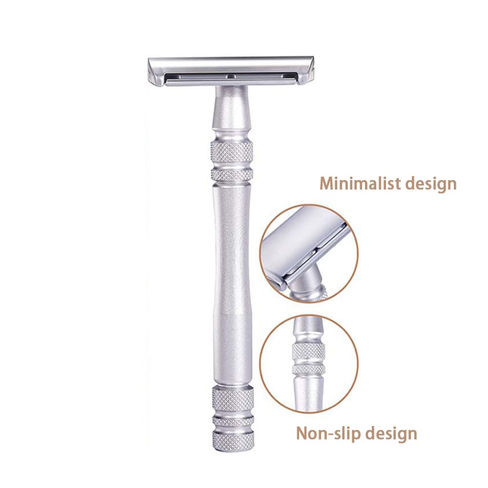 Men's and Women's Manual Razor Safety Razor with 10 Double Edge Blades, Double Edge Razor, Eco-Friendly, Smooth Close Shave, Plastic-Free, Easy to Carry for Traveling at Home (Silver + Base)